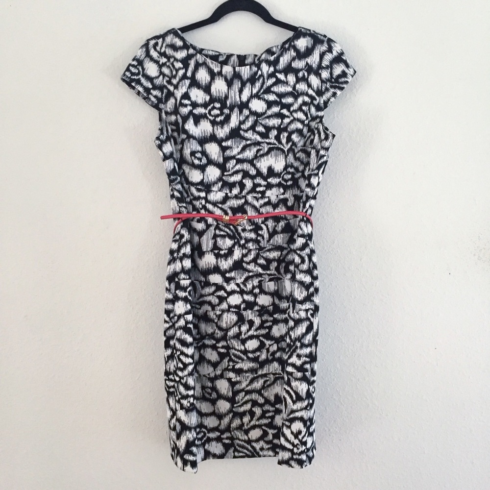 Midi Patterned Dress with Pink Belt